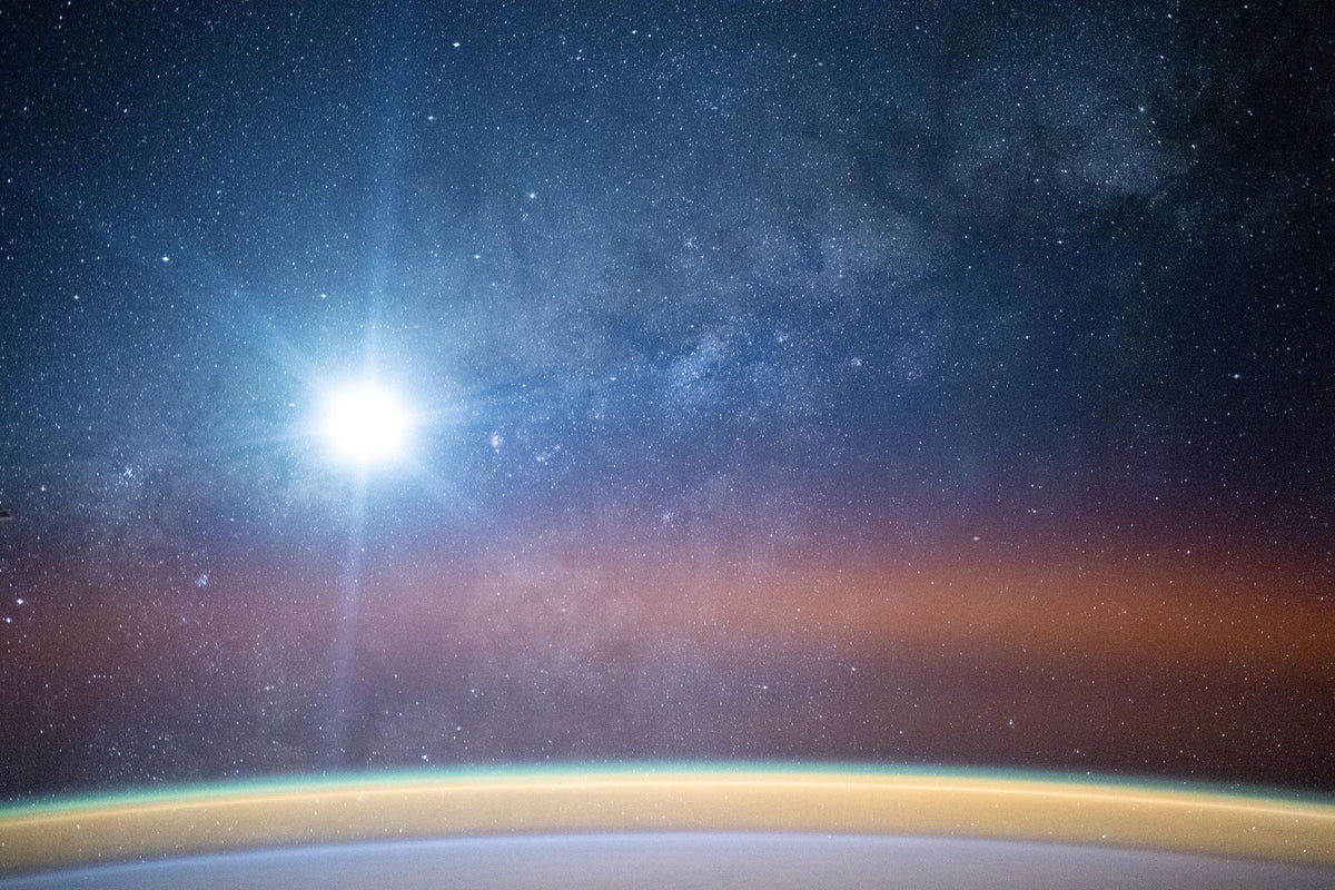 Milky Way and airglow over Earth’s horizon photographed from the International Space Station